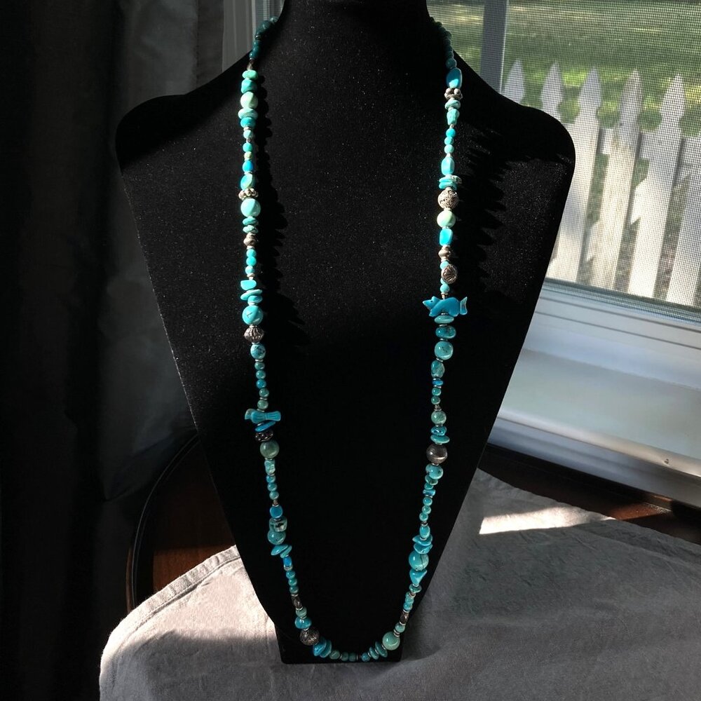 Fetish Necklace, Peyote Bird Designs, Turquoise Sterling Silver, 35.5" long, 70g